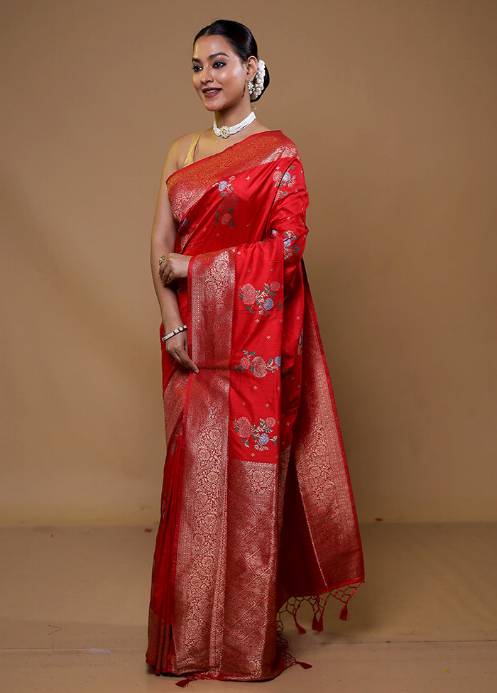 Red Dupion Silk Saree With Blouse Piece