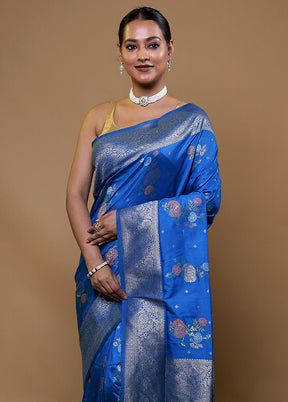 Blue Dupion Silk Saree With Blouse Piece