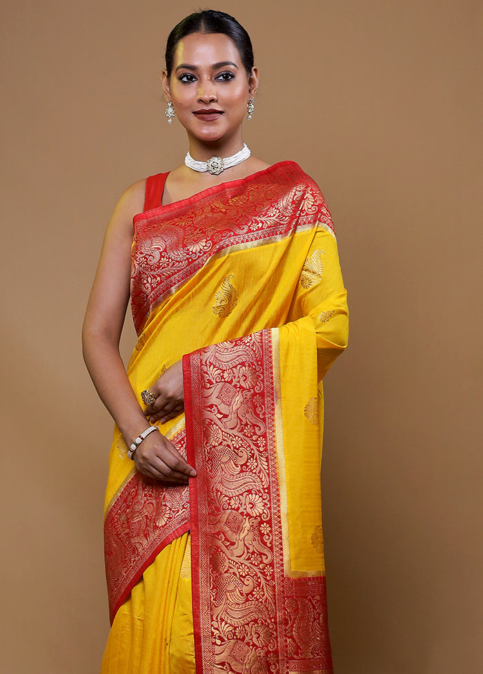 Yellow Dupion Silk Saree With Blouse Piece