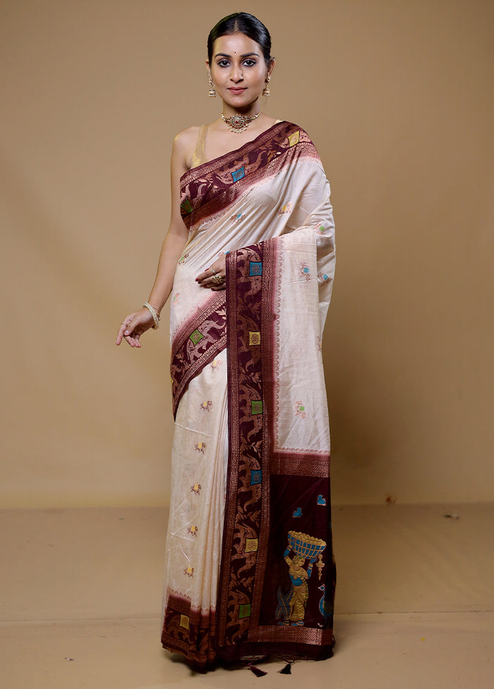 Cream Dupion Silk Saree With Blouse Piece