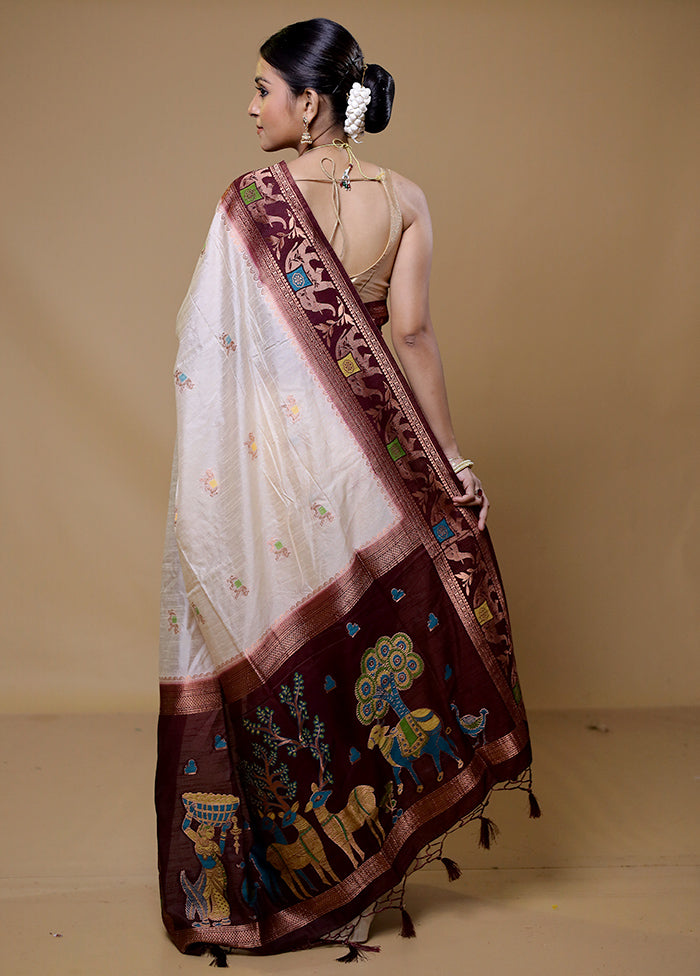 Cream Dupion Silk Saree With Blouse Piece