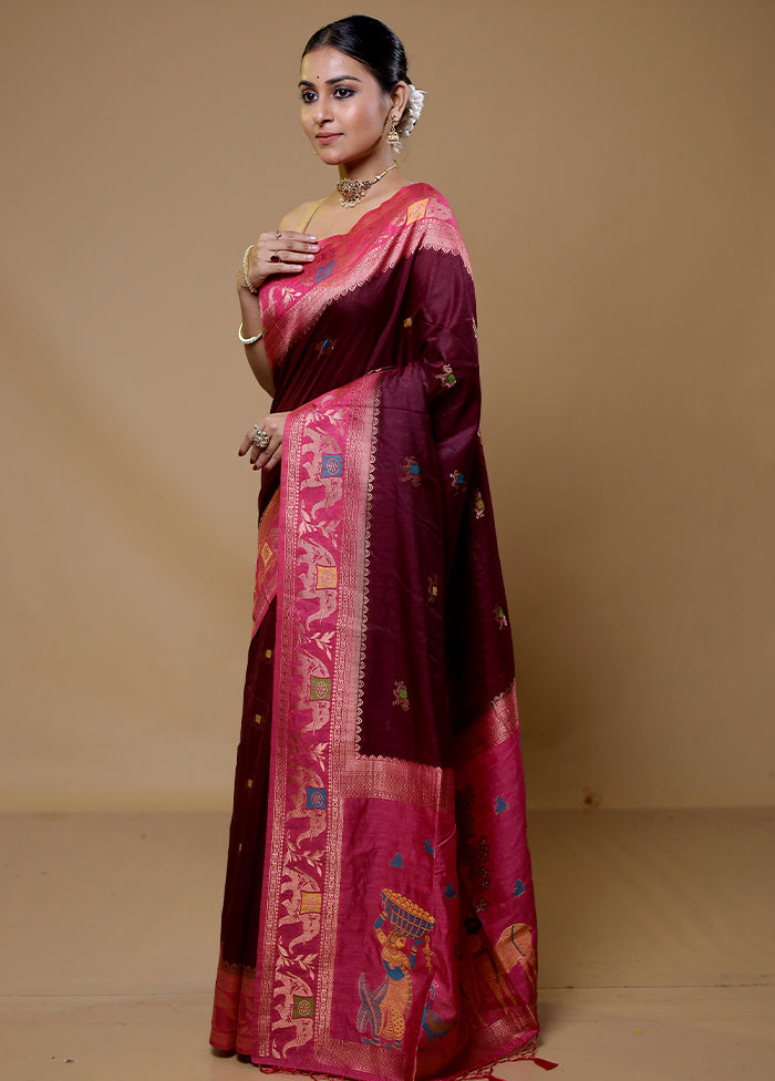 Maroon Dupion Silk Saree With Blouse Piece