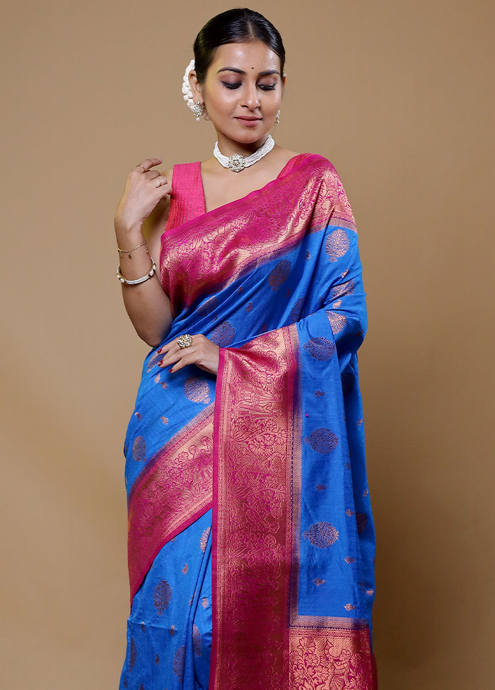 Blue Dupion Silk Saree With Blouse Piece