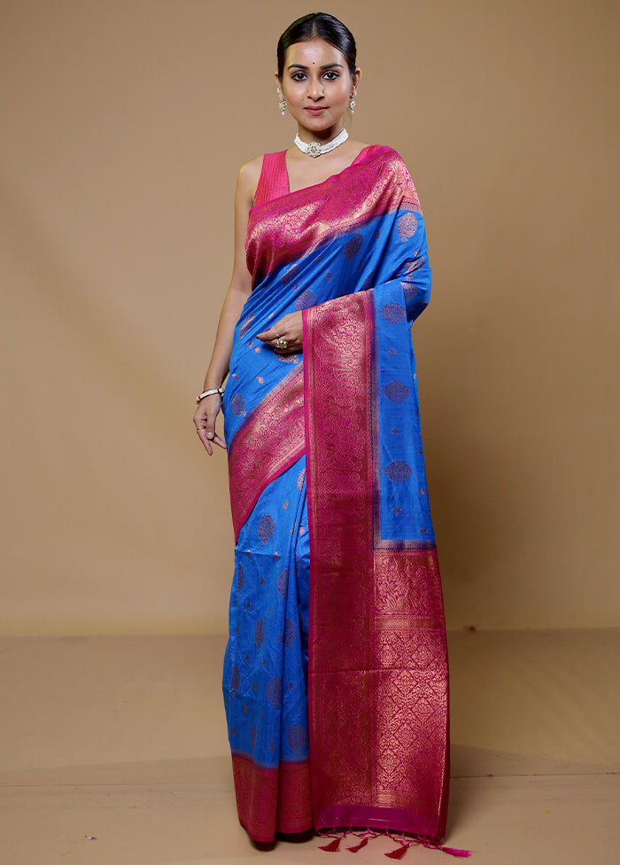 Blue Dupion Silk Saree With Blouse Piece