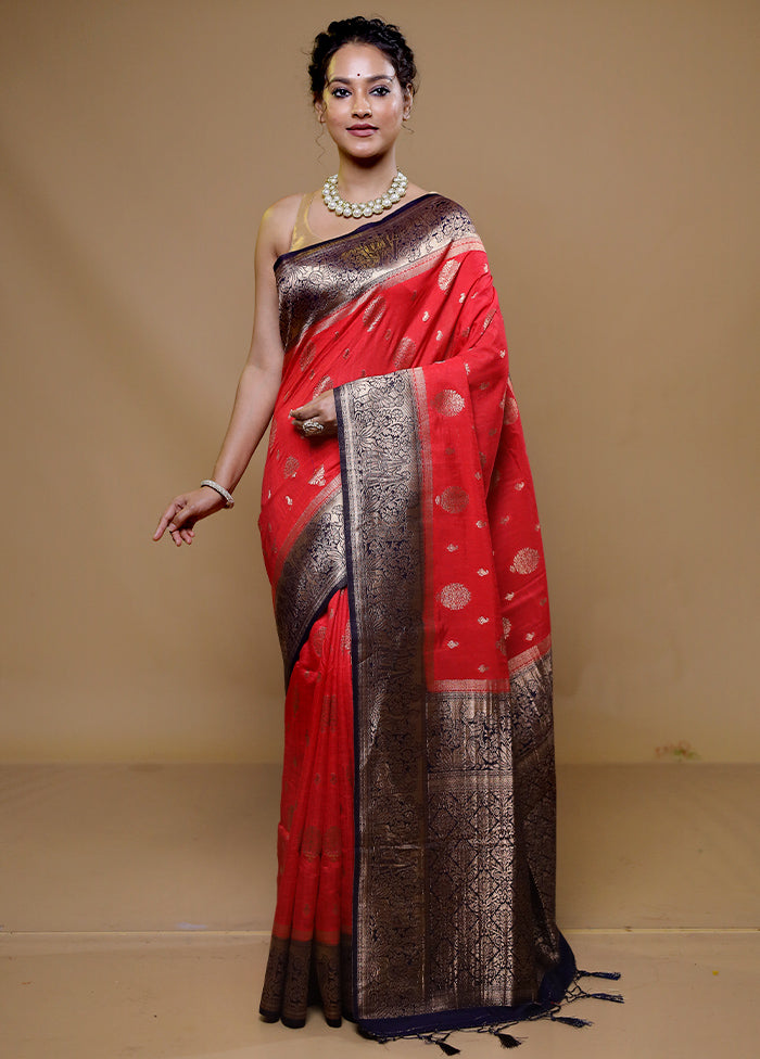 Red Dupion Silk Saree With Blouse Piece