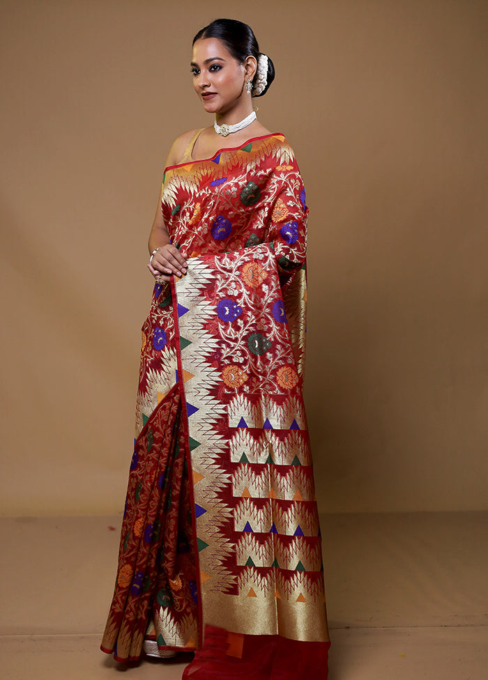 Red Organza Saree With Blouse Piece