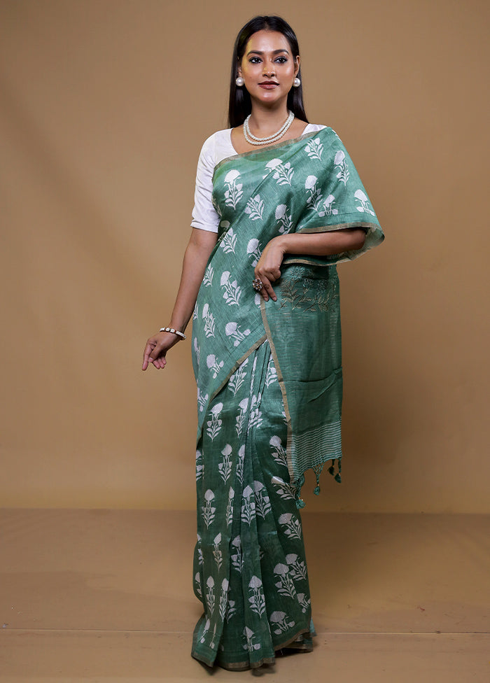 Green Tussar Silk Saree With Blouse Piece