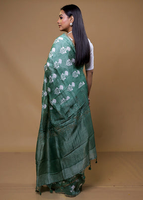 Green Tussar Silk Saree With Blouse Piece