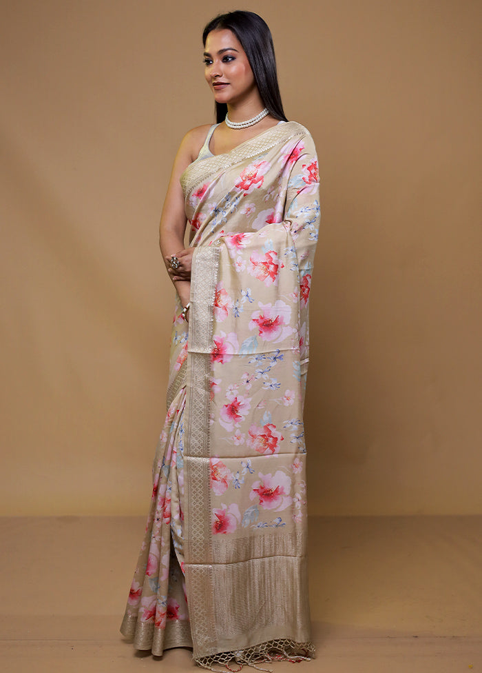 Cream Pure Mysore Silk Saree Without Blouse Piece