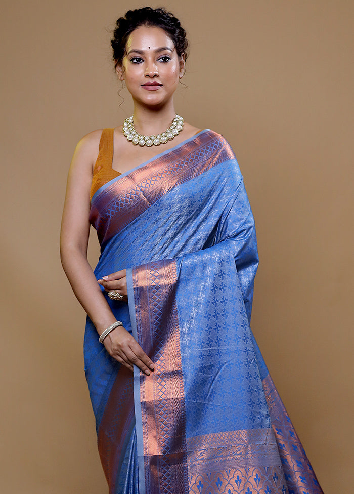 Blue Kanjivaram Silk Saree With Blouse Piece