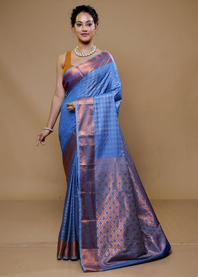 Blue Kanjivaram Silk Saree With Blouse Piece