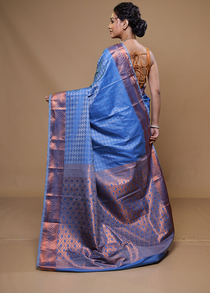 Blue Kanjivaram Silk Saree With Blouse Piece