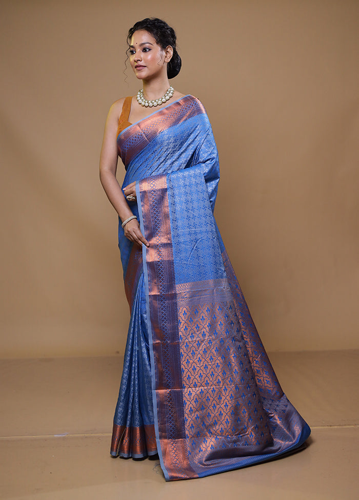 Blue Kanjivaram Silk Saree With Blouse Piece