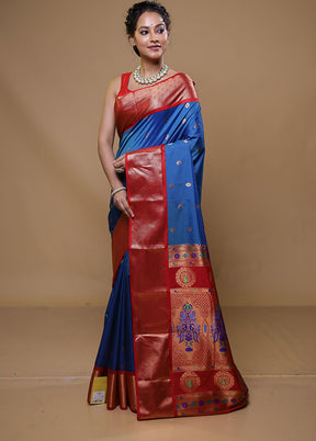 Blue Kanjivaram Silk Saree With Blouse Piece