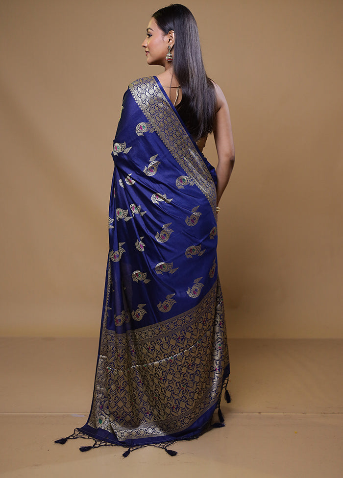 Blue Dupion Silk Saree With Blouse Piece