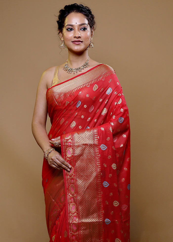 Red Dupion Silk Saree With Blouse Piece