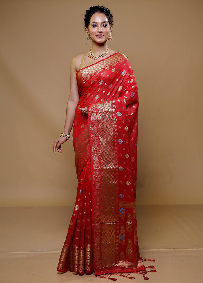 Red Dupion Silk Saree With Blouse Piece