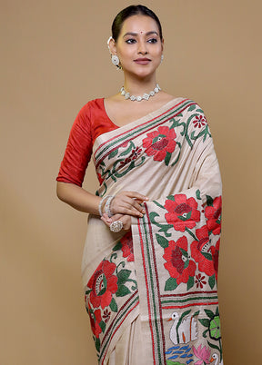 Cream Handloom Kantha Stitch Pure Silk Saree With Blouse Piece