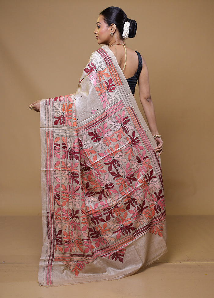 Cream Handloom Kantha Stitch Pure Silk Saree With Blouse Piece