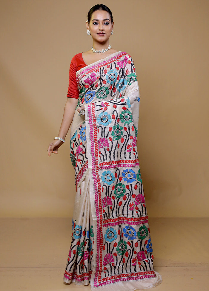 Cream Handloom Kantha Stitch Pure Silk Saree With Blouse Piece