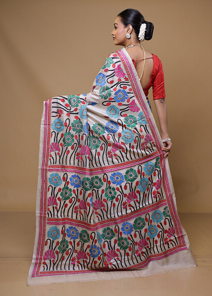 Cream Handloom Kantha Stitch Pure Silk Saree With Blouse Piece