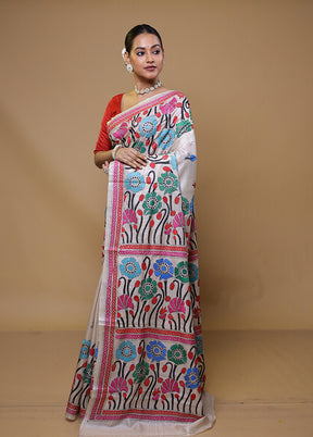 Cream Handloom Kantha Stitch Pure Silk Saree With Blouse Piece