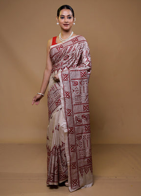 Cream Handloom Kantha Stitch Pure Silk Saree With Blouse Piece