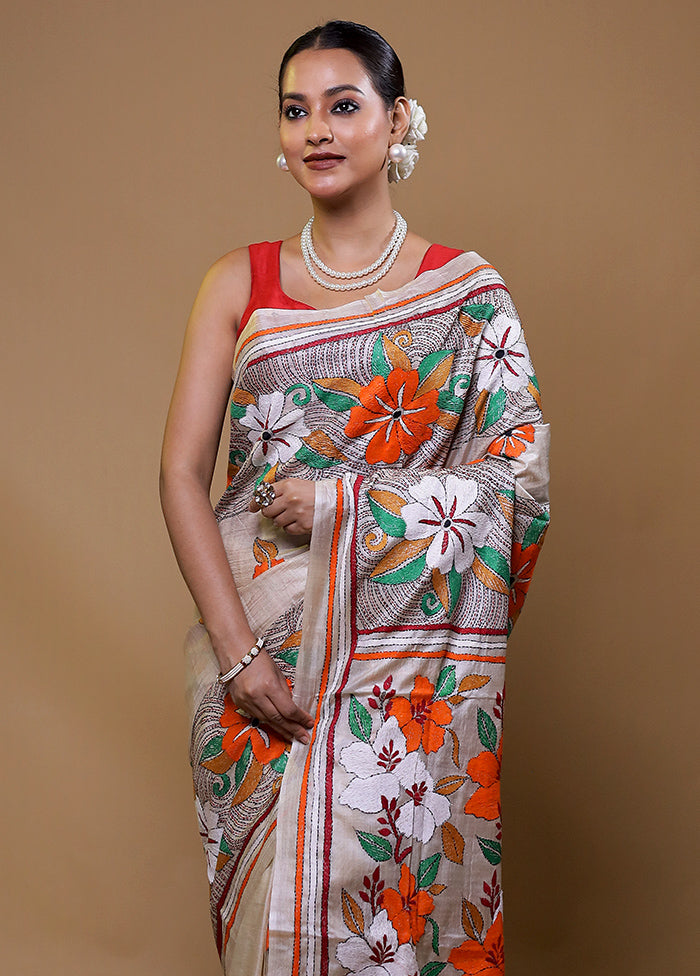 Cream Handloom Kantha Stitch Pure Silk Saree With Blouse Piece