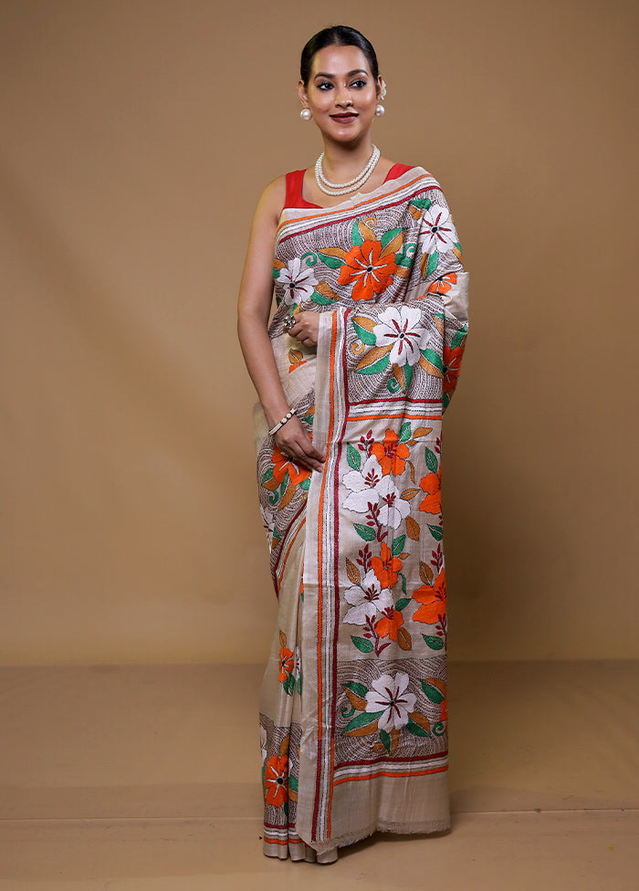 Cream Handloom Kantha Stitch Pure Silk Saree With Blouse Piece