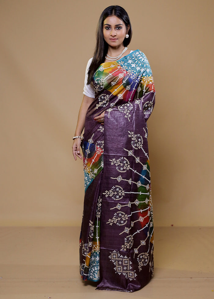 Purple Handloom Kantha Stitch Pure Silk Saree With Blouse Piece