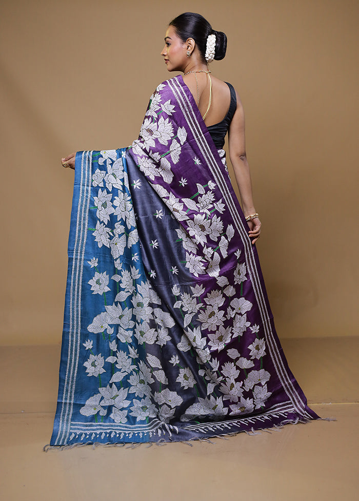 Purple Handloom Kantha Stitch Pure Silk Saree With Blouse Piece