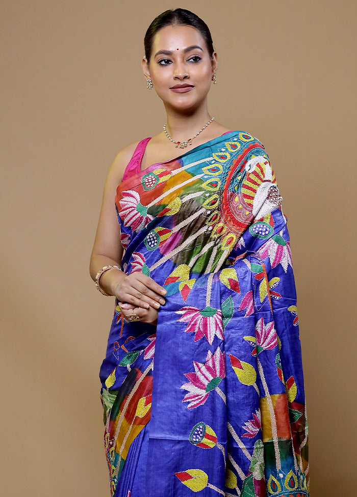 Multicolor Handloom Kantha Stitch Pure Silk Saree With Blouse Piece