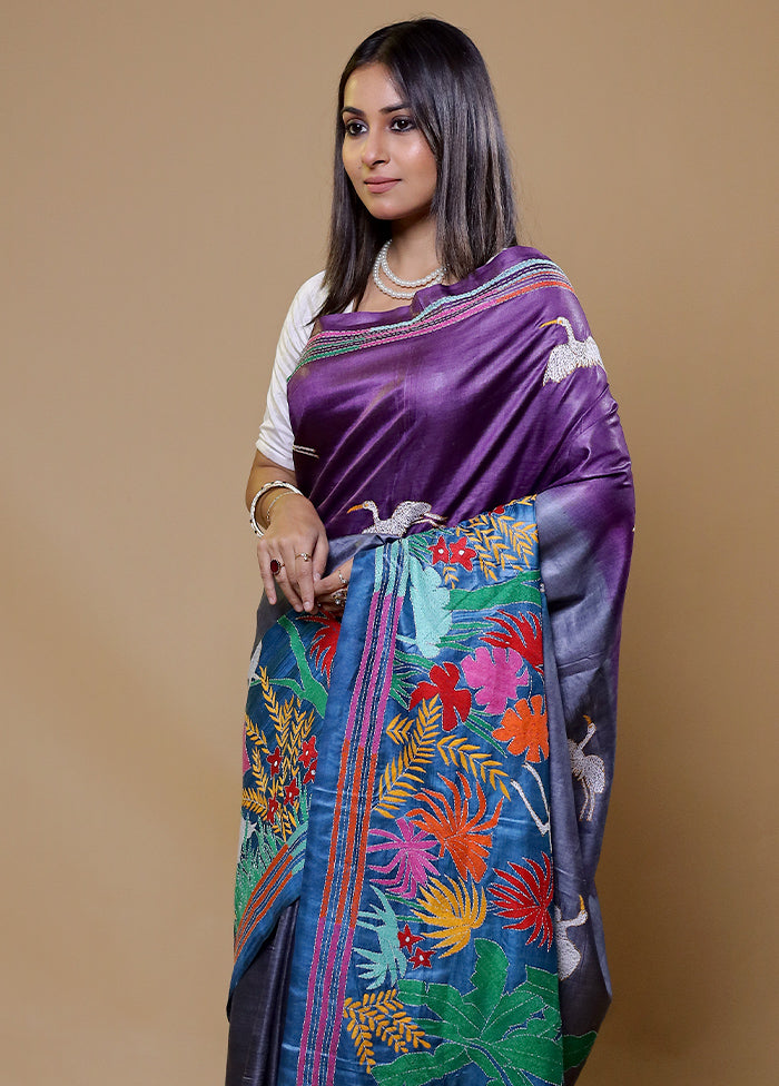 Purple Handloom Kantha Stitch Pure Silk Saree With Blouse Piece