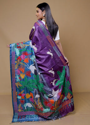 Purple Handloom Kantha Stitch Pure Silk Saree With Blouse Piece