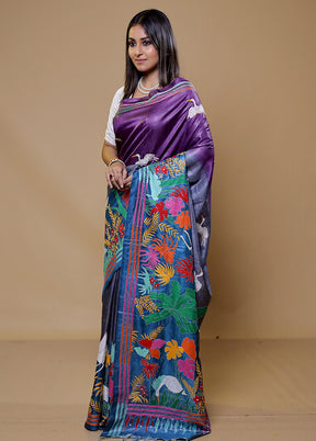 Purple Handloom Kantha Stitch Pure Silk Saree With Blouse Piece