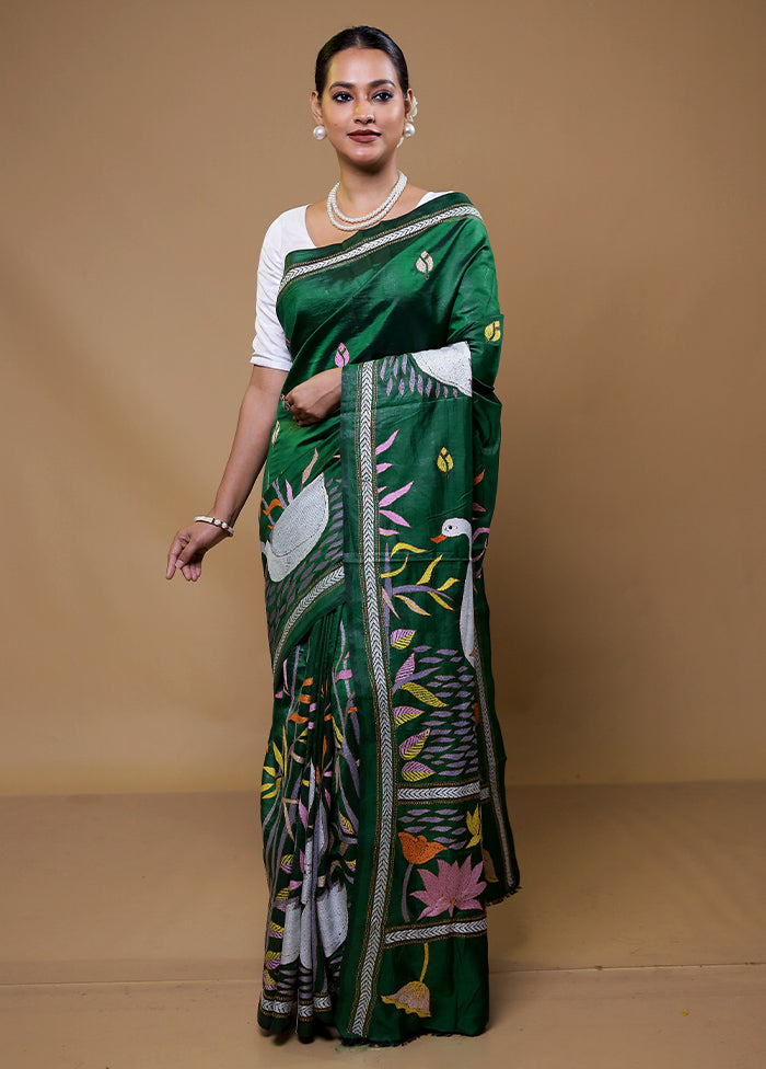 Green Handloom Kantha Stitch Pure Silk Saree With Blouse Piece