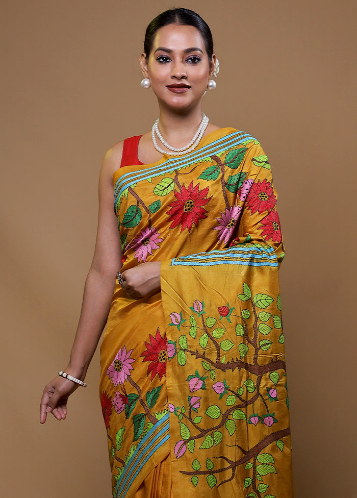 Yellow Handloom Kantha Stitch Pure Silk Saree With Blouse Piece