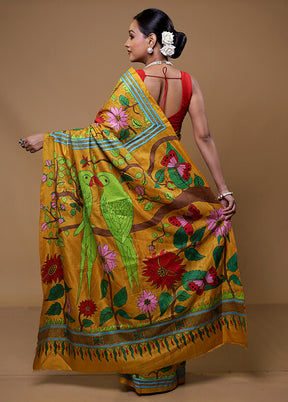 Yellow Handloom Kantha Stitch Pure Silk Saree With Blouse Piece