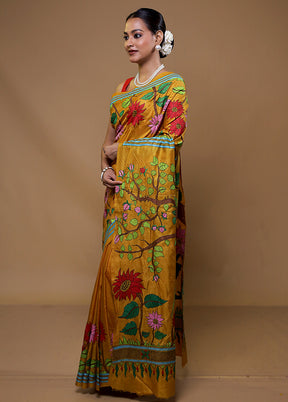 Yellow Handloom Kantha Stitch Pure Silk Saree With Blouse Piece