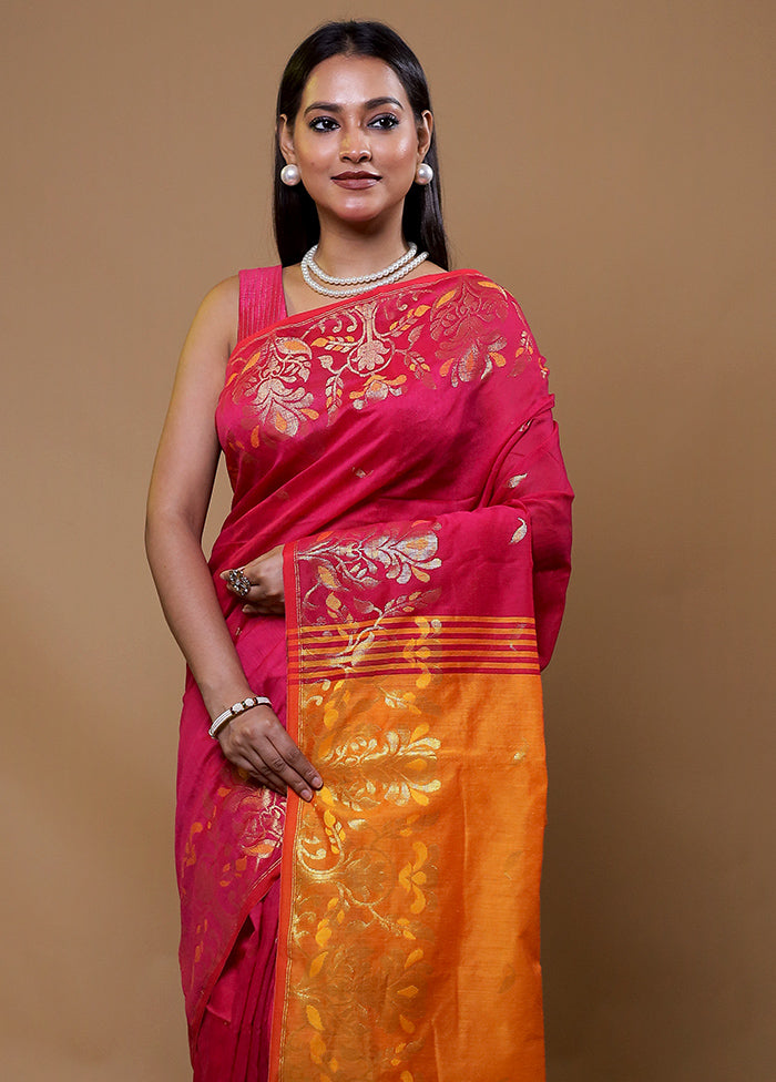 Pink Khadi Cotton Saree With Blouse Piece