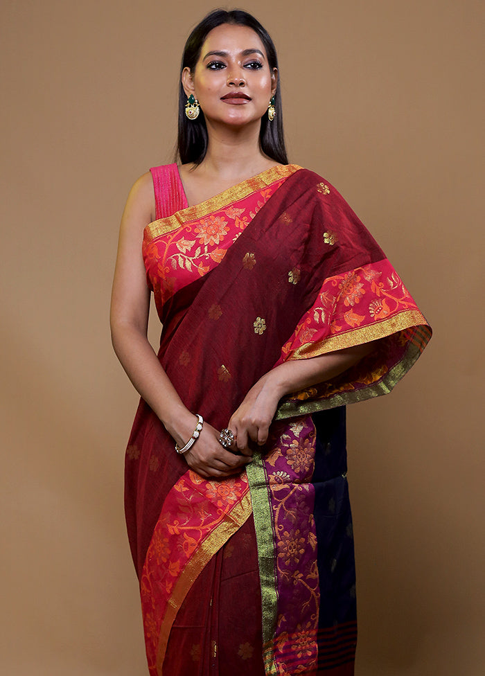 Maroon Khadi Cotton Saree With Blouse Piece