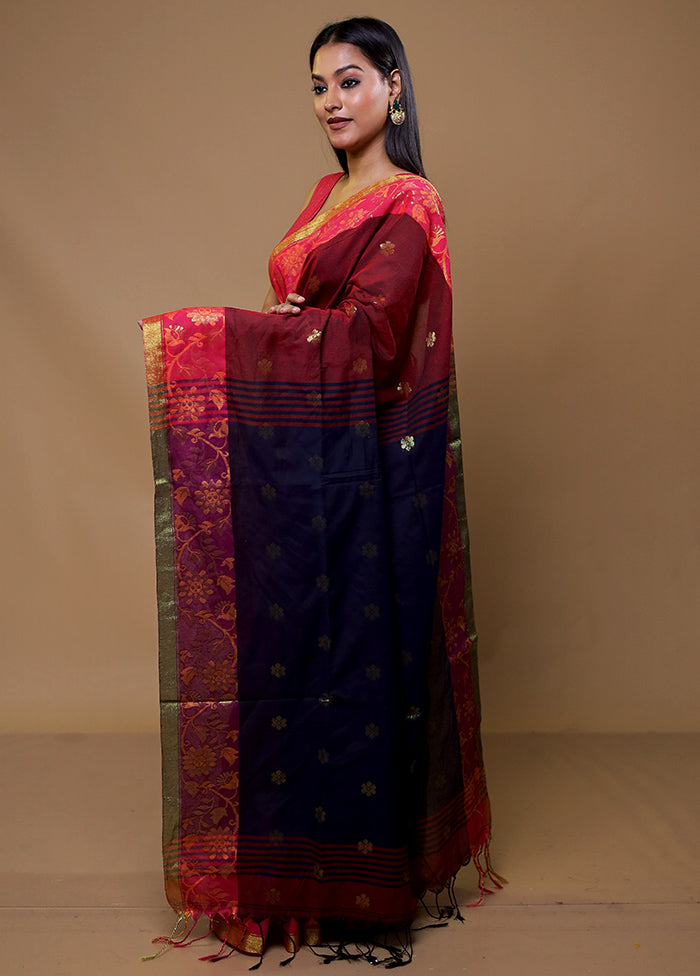 Maroon Khadi Cotton Saree With Blouse Piece