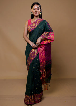 Green Khadi Cotton Saree With Blouse Piece