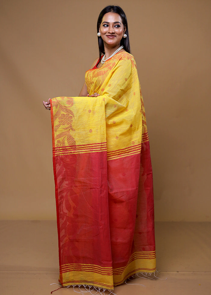 Yellow Khadi Cotton Saree With Blouse Piece