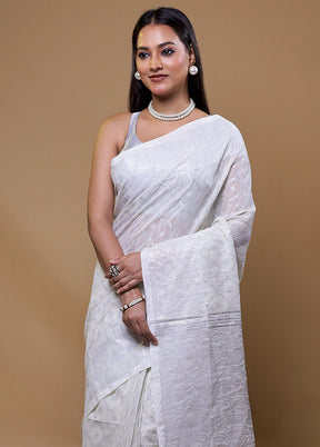 White Khadi Cotton Saree With Blouse Piece