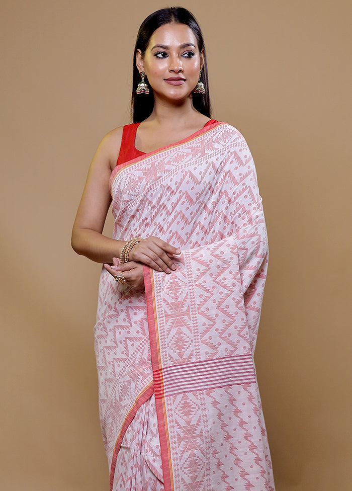 White Khadi Cotton Saree With Blouse Piece