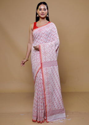 White Khadi Cotton Saree With Blouse Piece