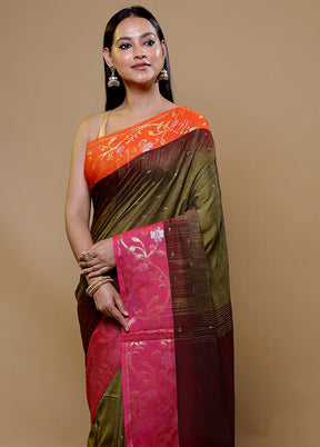 Green Khadi Cotton Saree With Blouse Piece