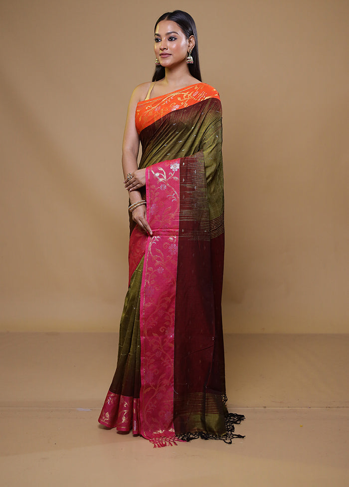 Green Khadi Cotton Saree With Blouse Piece