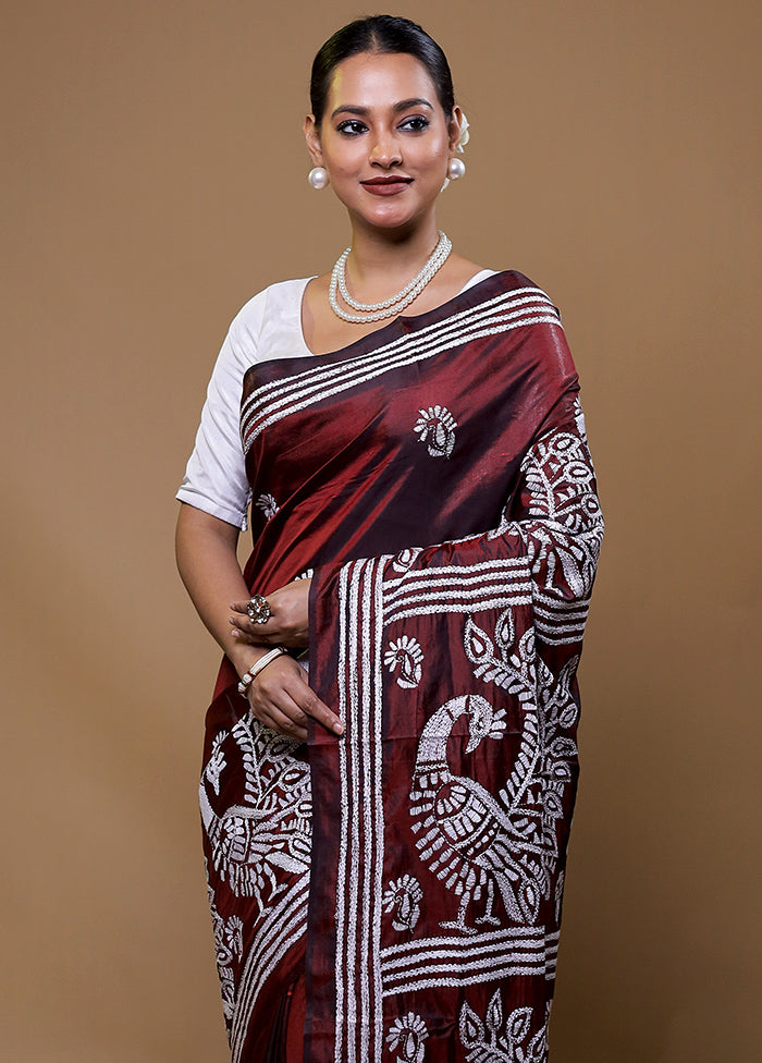 Maroon Kantha Stitch Silk Saree With Blouse Piece